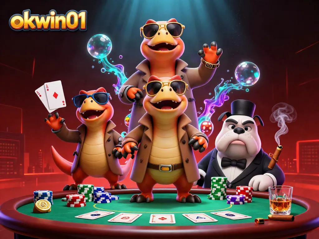 Raptors dressed in a trench coat attempt to enter VIP casino, depicting fun at okwin01.