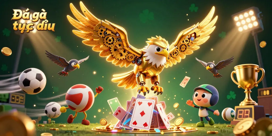 Engage in Đá gà trực tiếp action with a vibrant 3D illustration showcasing golden eagle and dynamic gaming elements.