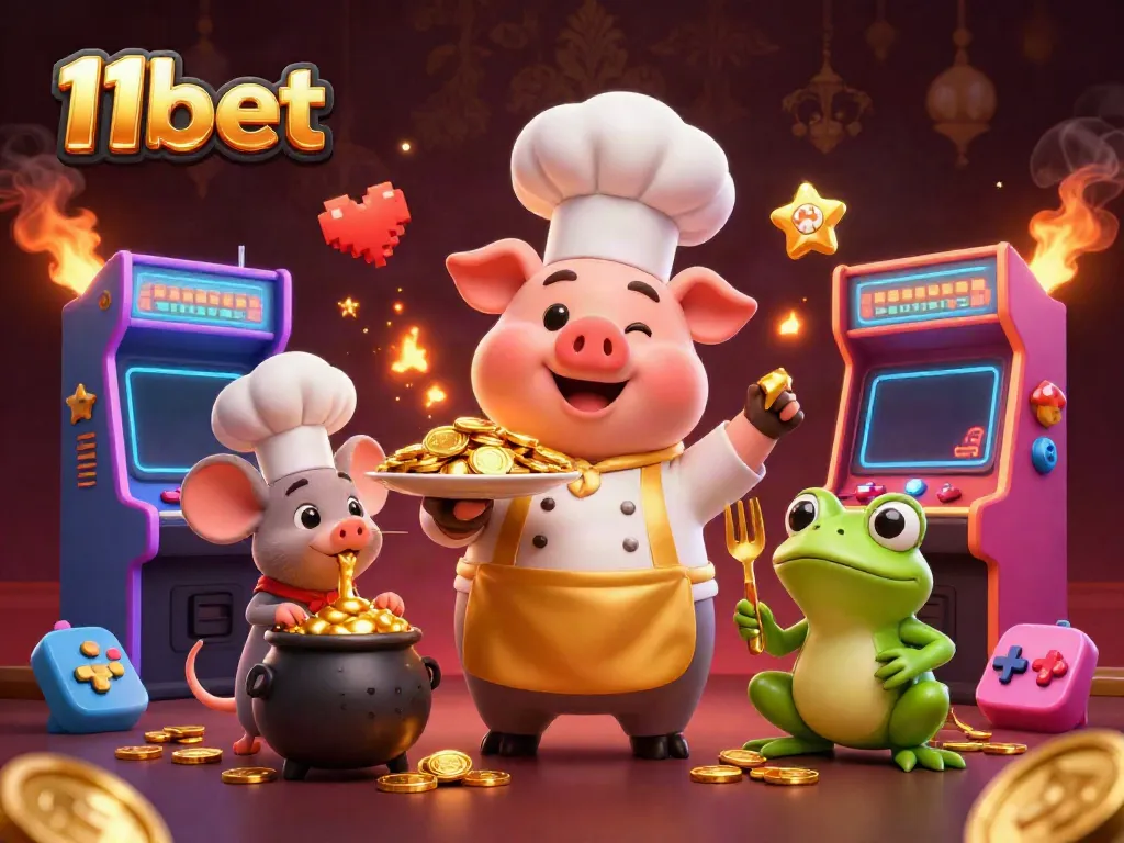 Experience the thrill of 11bet with a gold coin banquet served by a cartoon chef pig and friends.