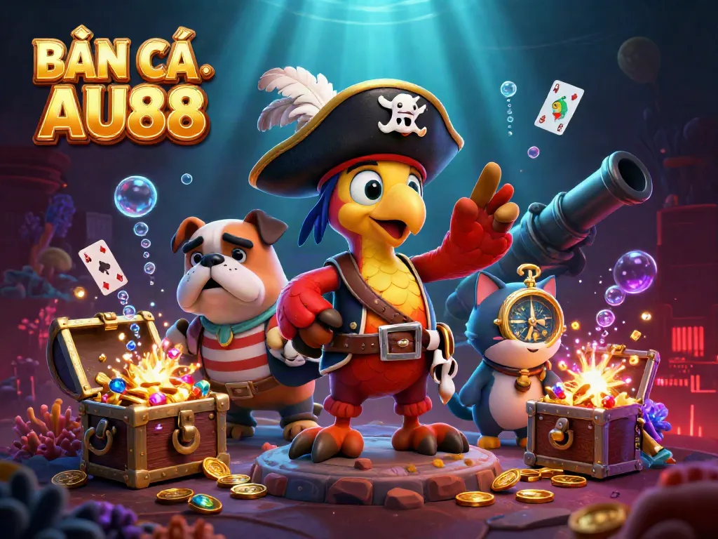 Engage in the underwater adventure of BẮN CÁ XÈNG AU88 with vibrant characters and treasures scattered across the scene.
