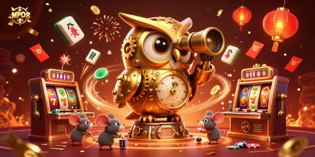Engage with MPO08 at an exhilarating casino filled with golden elements and lively characters.