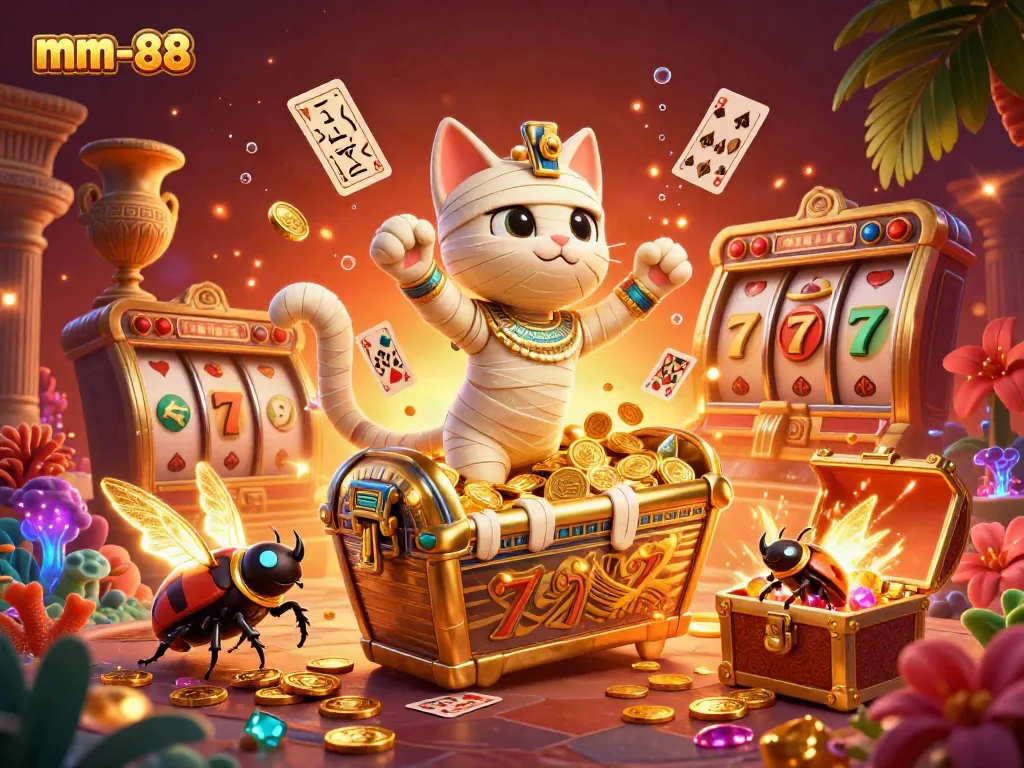 Experience exciting moments at mm-88 with a dynamic casino illustration showcasing thrilling games and captivating characters.