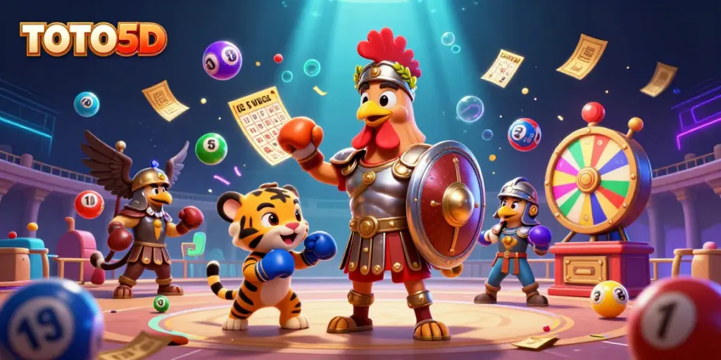 TOTO5D lottery scene featuring dynamic numbered balls and a unique gladiator rooster character.