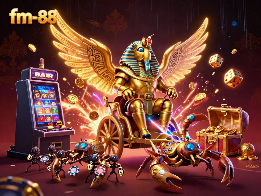 Spin the reels at fm-88 with a vibrant casino scene featuring a golden scarab beetle, scorpions, and dynamic game elements.