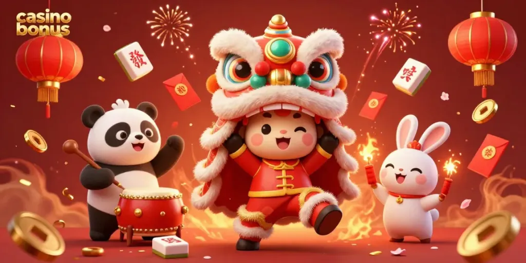Experience the thrill of a casino bonus celebration with lively characters and festive symbols.
