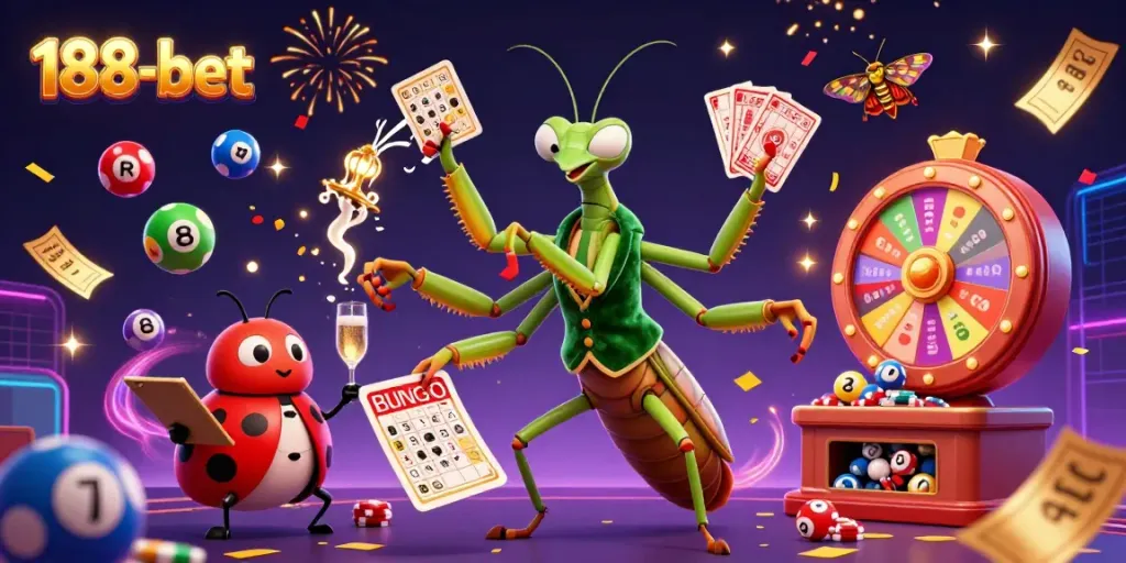 Experience the vibrant gaming world of 188-bet with lively characters and lottery excitement!