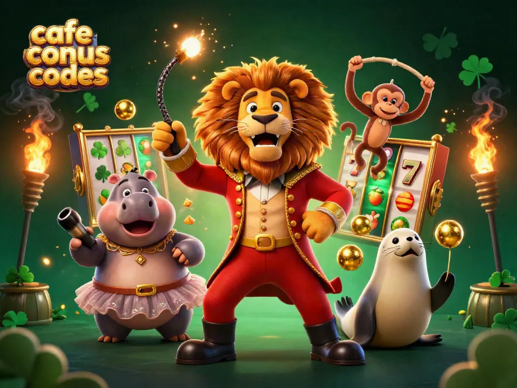 Cafe casino bonus codes illuminate with vibrant slot game scenes featuring a colorful circus theme.