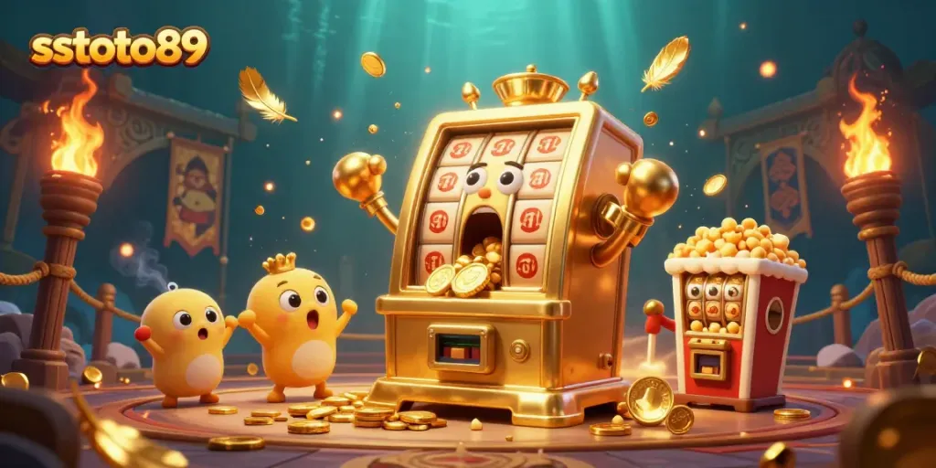 Mesin slot sstoto89 merayakan jackpot dengan koin emas terbang, suasana ceria!