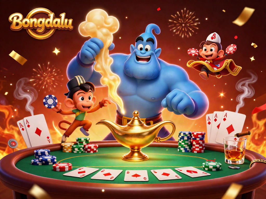 Engage with Bongdalu's thrilling poker scene featuring a blue genie, monkey, and vibrant game elements.