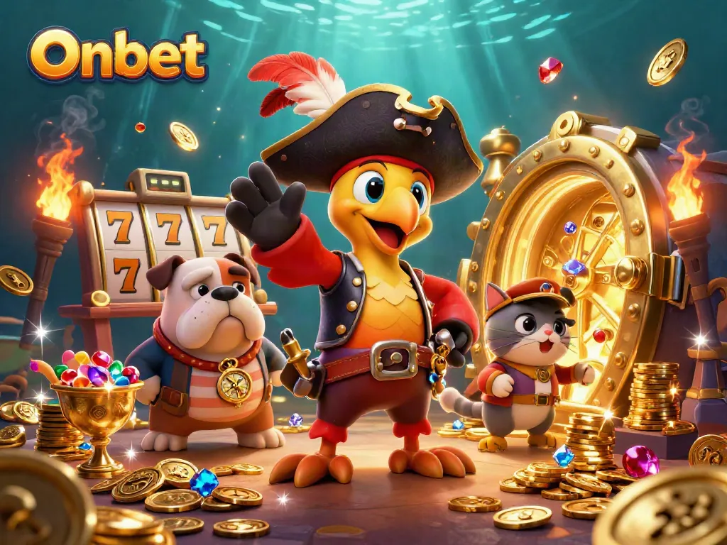 Experience exciting moments at Onbet with a vibrant 3D scene filled with casino treasures.