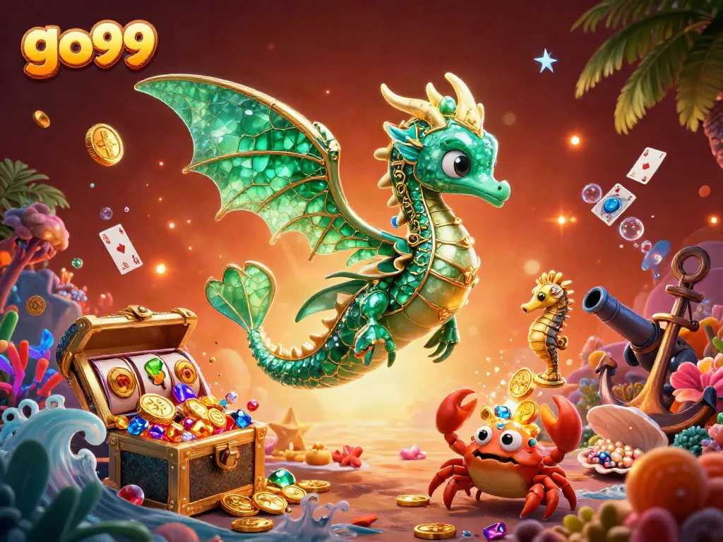 Play casino games with go99 through an enchanting underwater scene featuring sea dragon and treasure.