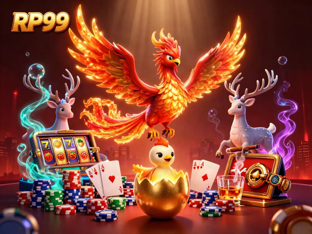 Experience the dynamic energy of RP99 with a vibrant 3D casino scene featuring a phoenix and rich gaming elements.