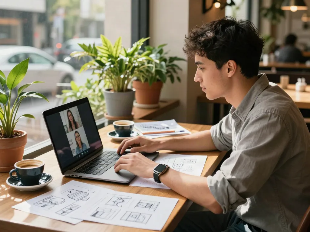 The entrepreneurial moment showcasing peh888 in a vibrant café workspace with design sketches and modern tech, highlighting creativity.