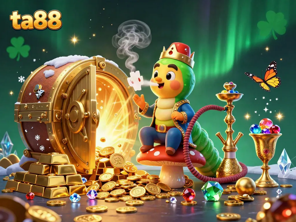 Experience an exciting ta88 online casino adventure with a vibrant, colorful scene featuring a sultan caterpillar and treasure.