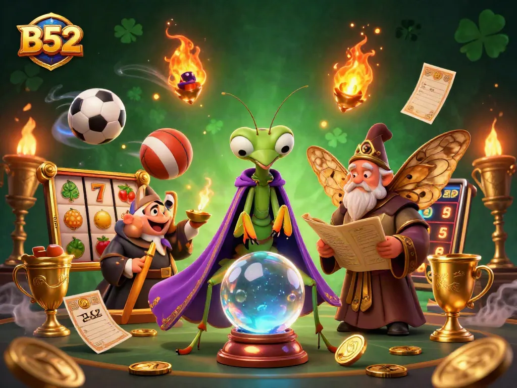 B52 fortune teller and moth librarian engaging gamblers amidst vibrant casino symbols.