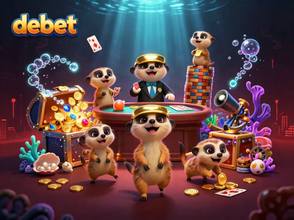 Experience debet's lively casino atmosphere with meerkats managing games and treasures.