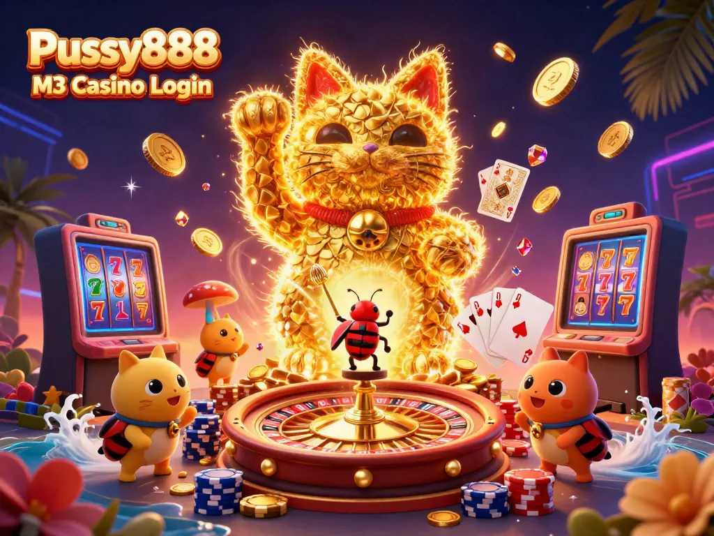 Engage with the Pussy888 M3 Casino Login scene featuring dynamic casino symbols and golden fireflies.