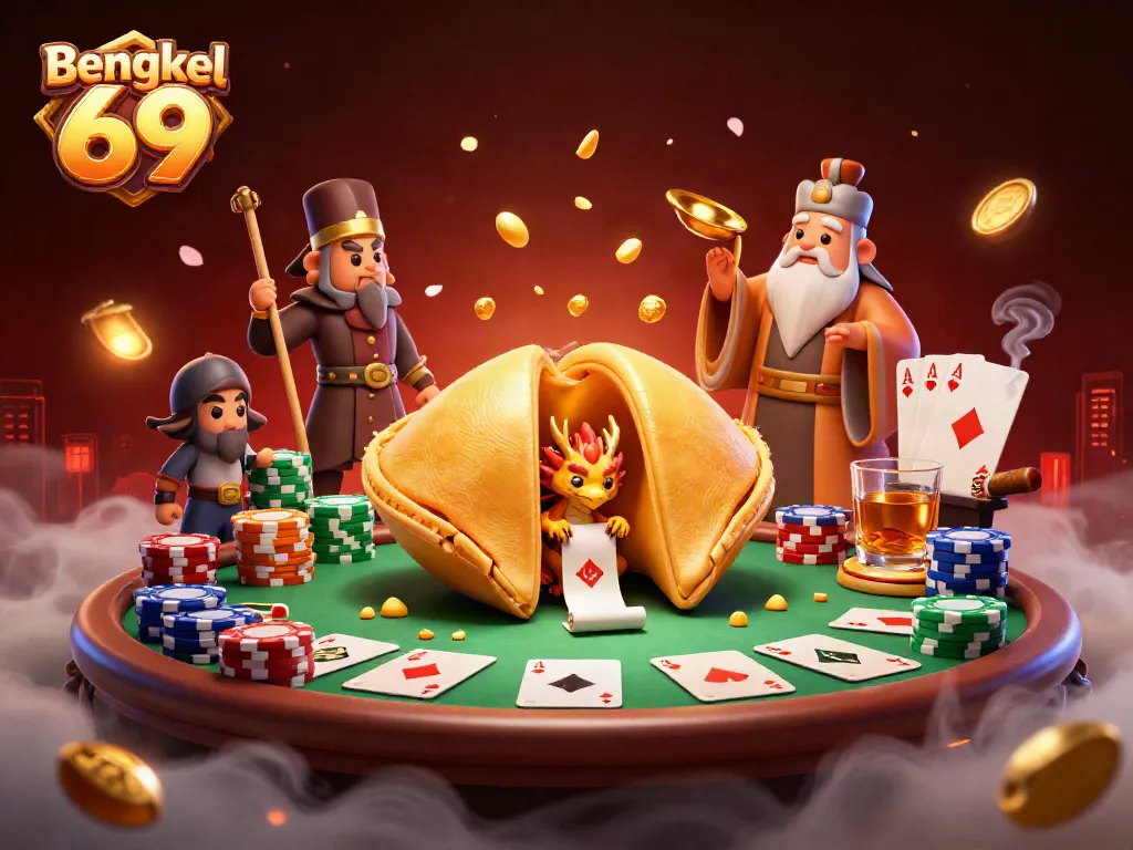 Engage with a captivating scene showcasing Bengkel 69 with a dynamic golden fortune cookie and thrilling poker elements.