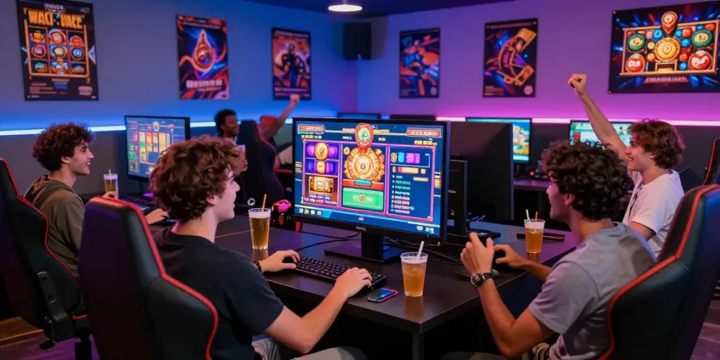 Friends playing slot gacor hari ini in a vibrant gaming room while cheering and celebrating.