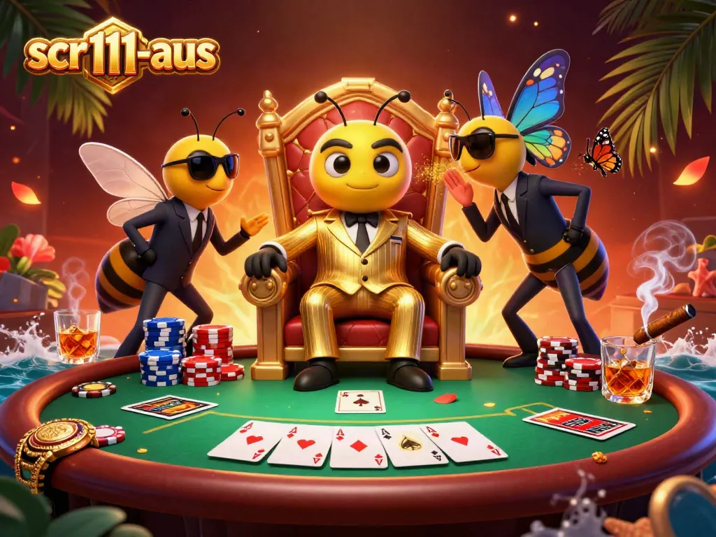 scr111-aus showcases a vibrant casino scene with a bumblebee mob boss and poker elements.
