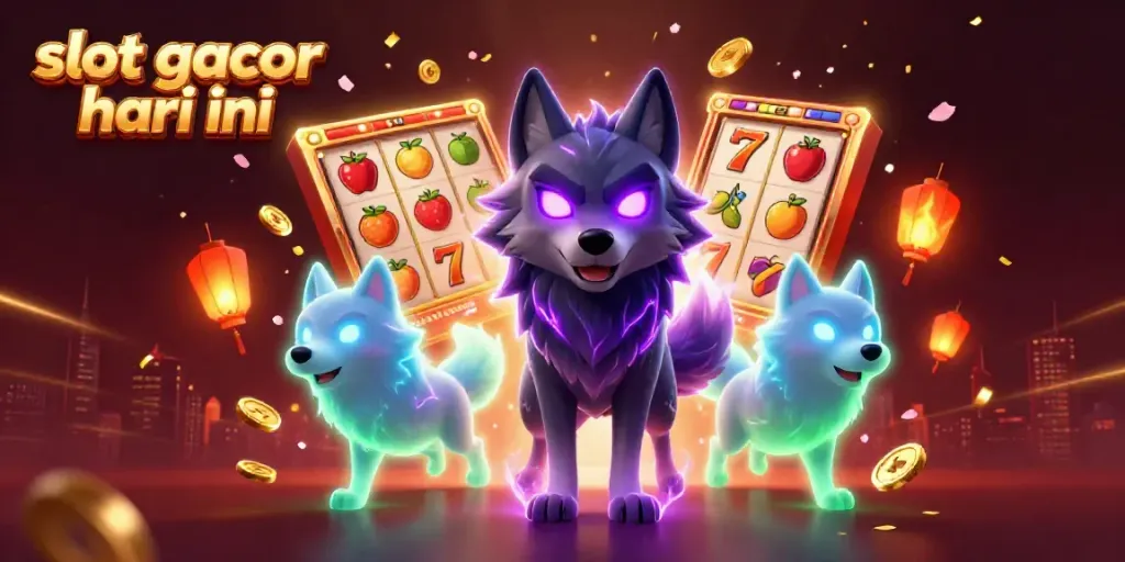 Engaging illustration of slot gacor hari ini featuring a dynamic scene with mystical wolves, spinning slot reels, and festive elements.