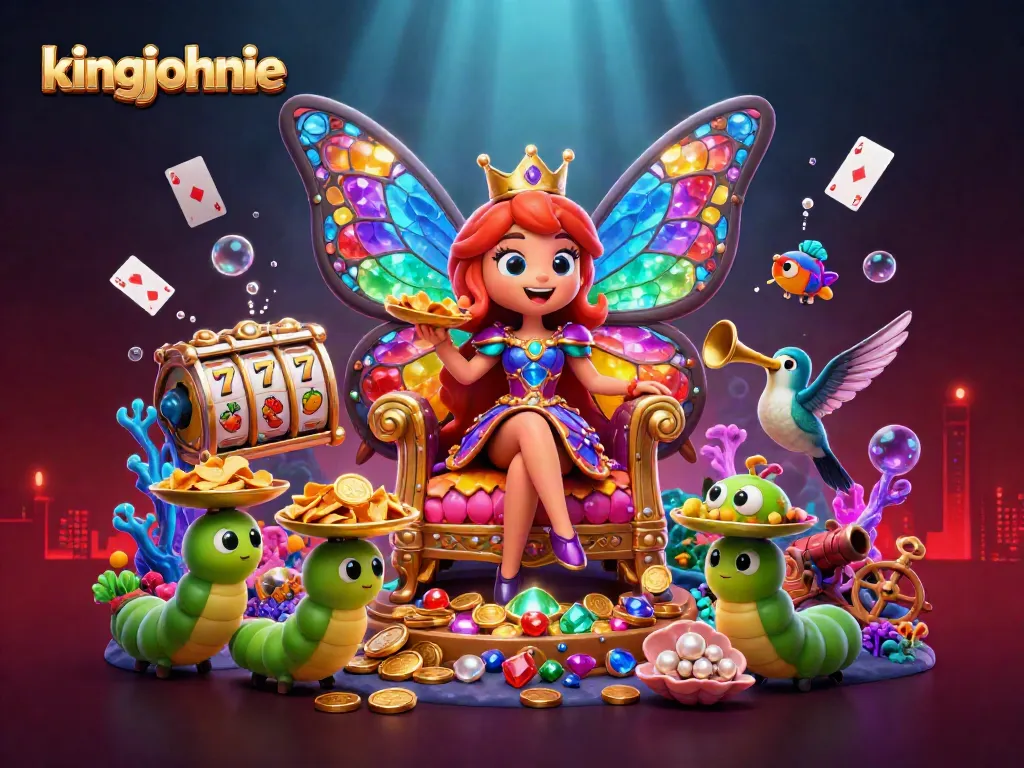Experience the excitement at kingjohnnie with vibrant 3D casino illustration featuring colorful characters and slot elements.