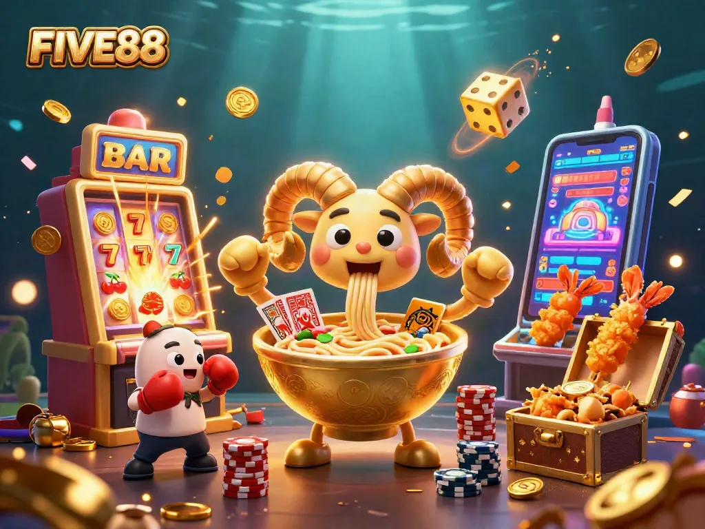 Experience the thrill of FIVE88 with animated casino characters dealing cards and winning big.