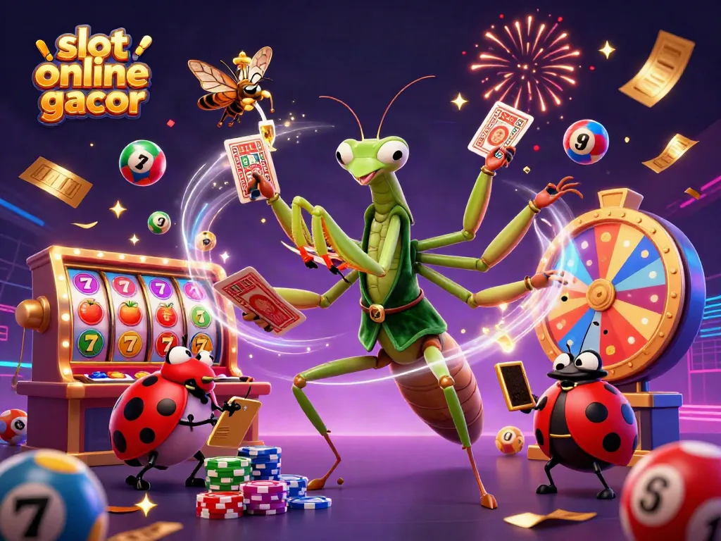 Engage with the excitement of slot online gacor as the giant mantis deals cards alongside a colorful casino scene.