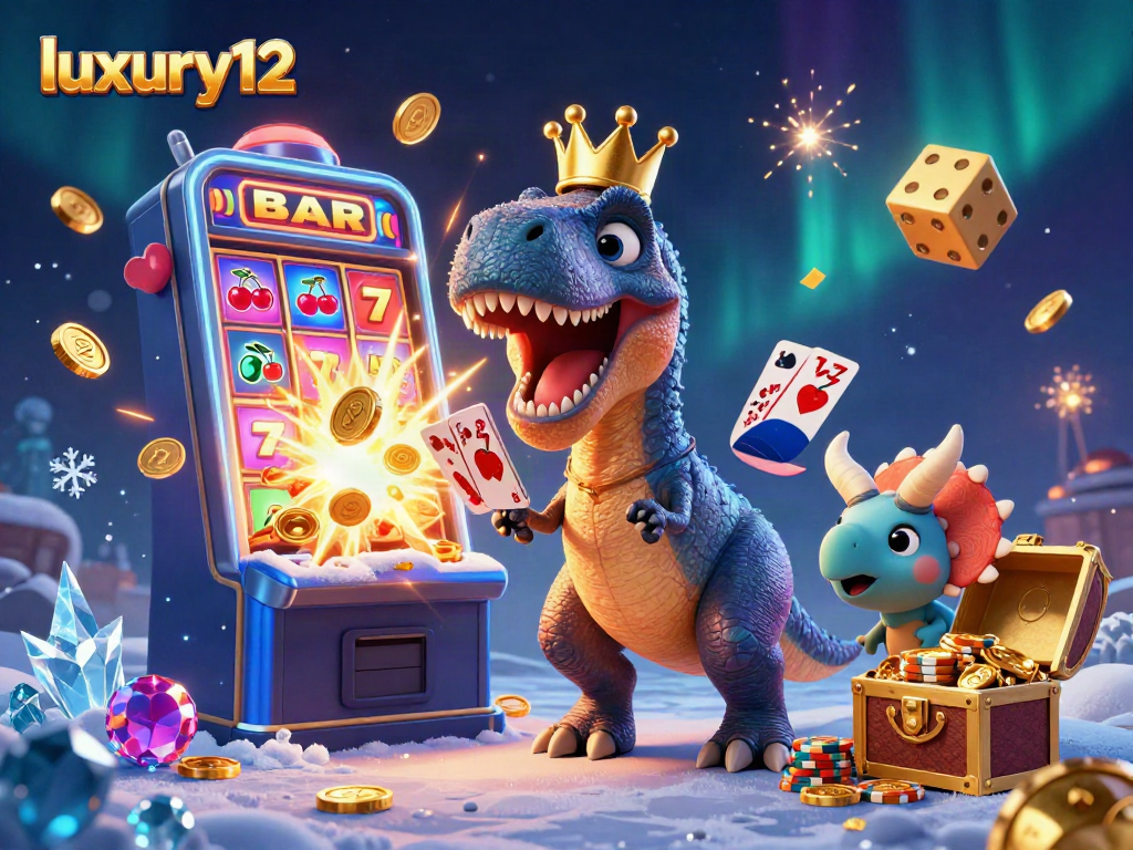 luxury12 slots game scene showcasing playful T-Rex, pterodactyl, and triceratops amidst jackpot elements.