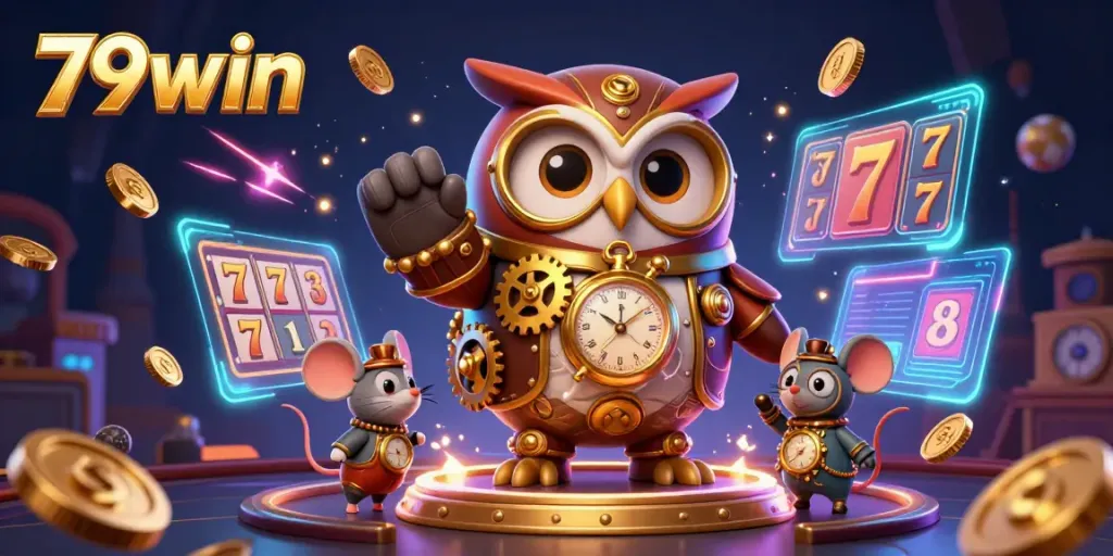 Engage with the vibrant gaming universe of 79win featuring a 3D cartoon owl amid lucky symbols and electric energy.