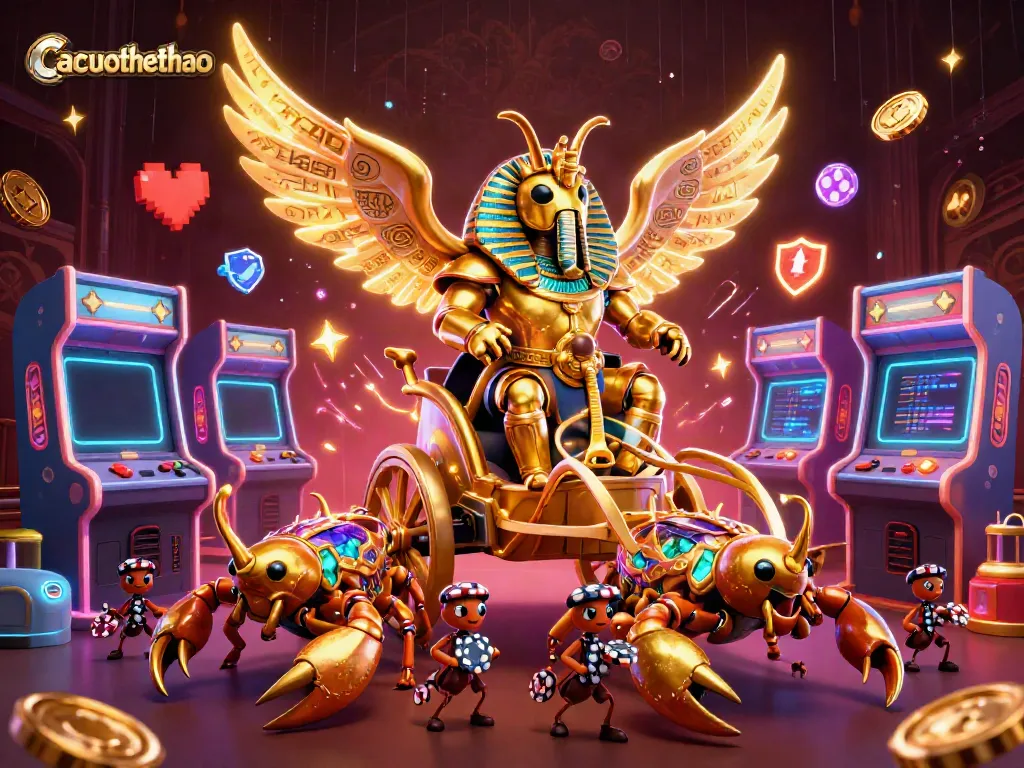 Experience thrilling Cacuocthethao gaming action with a vibrant 3D illustration featuring dynamic characters and casino elements.
