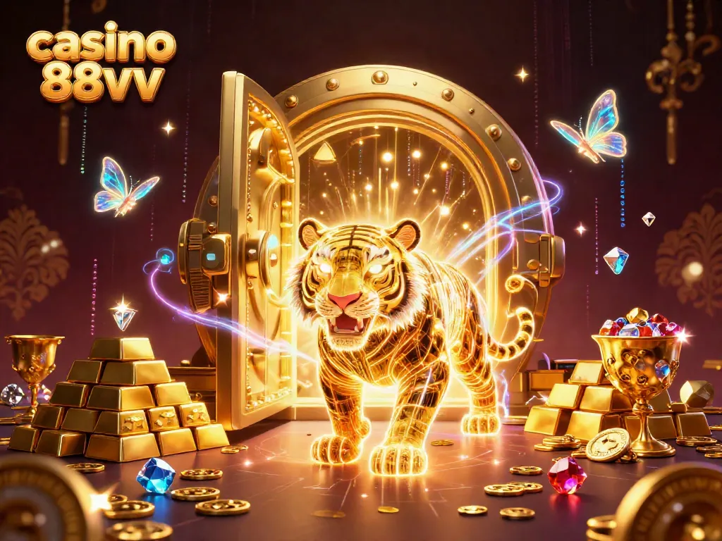 Experience thrilling action at casino 88vv as a 3D golden tiger navigates a vibrant digital landscape.