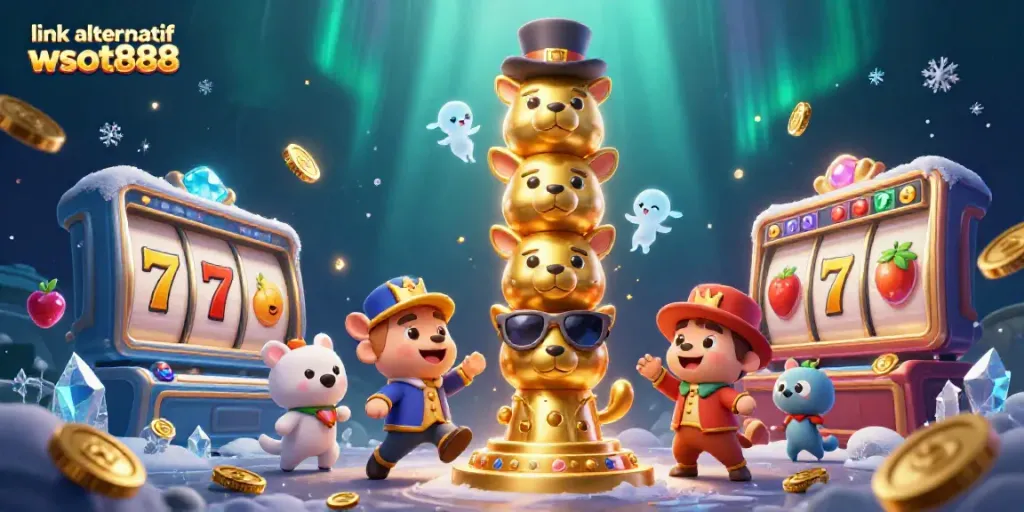 Menggali informasi tentang link alternatif wslot888 melalui ilustrasi animasi kasino dengan simbol slot dan hadiah jackpot.