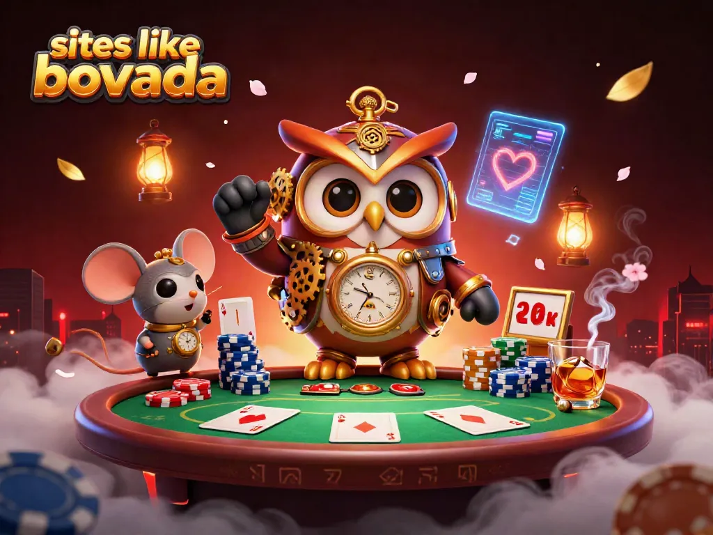 Experience thrilling action at sites like Bovada with a vibrant casino scene featuring poker and 3D characters.