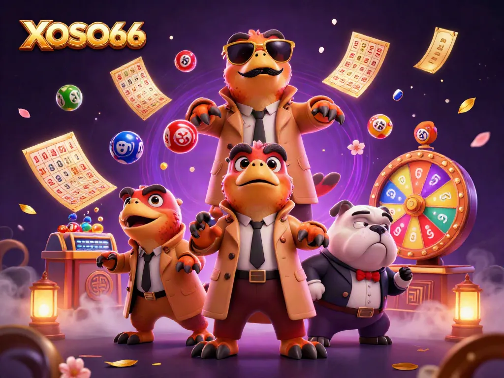 Engage in thrilling gameplay with the XOSO66 raptors at a VIP casino lounge, surrounded by colorful lottery elements.