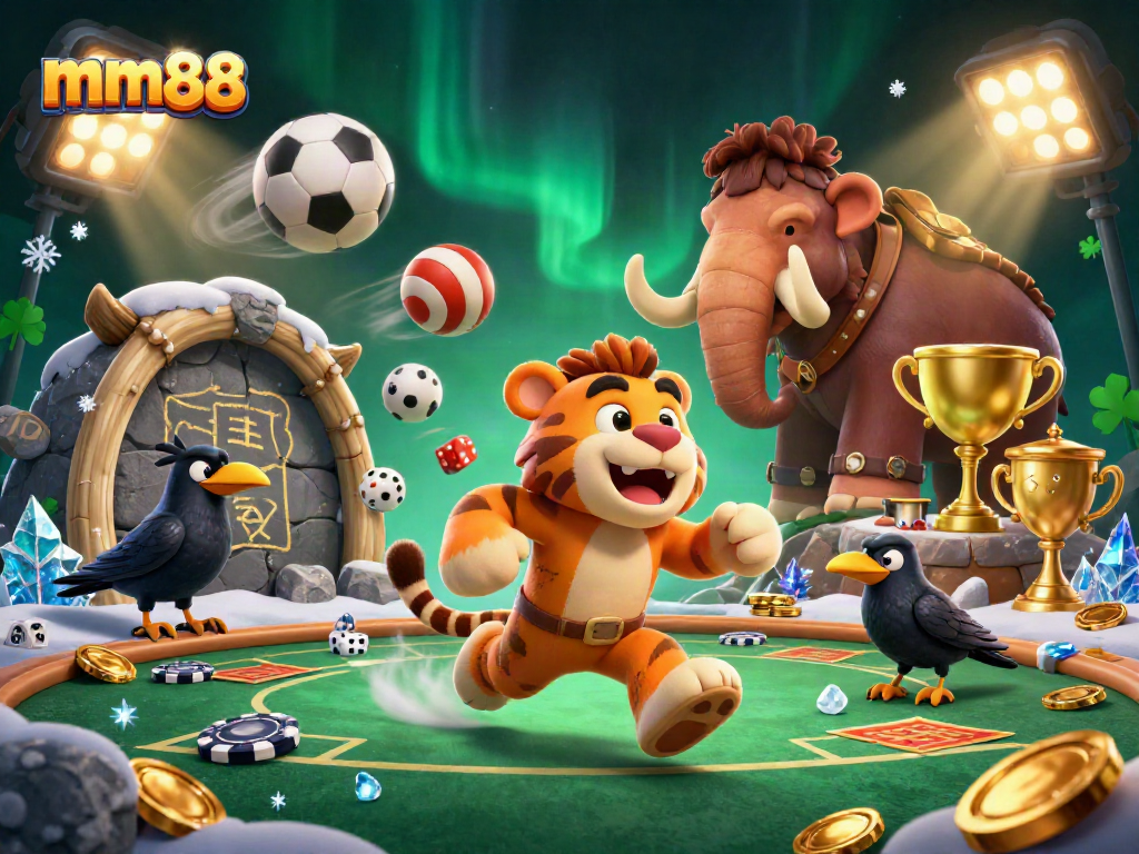 Engage with mm88's captivating prehistoric casino scene featuring a dynamic caveman duo and their clever crow companion.