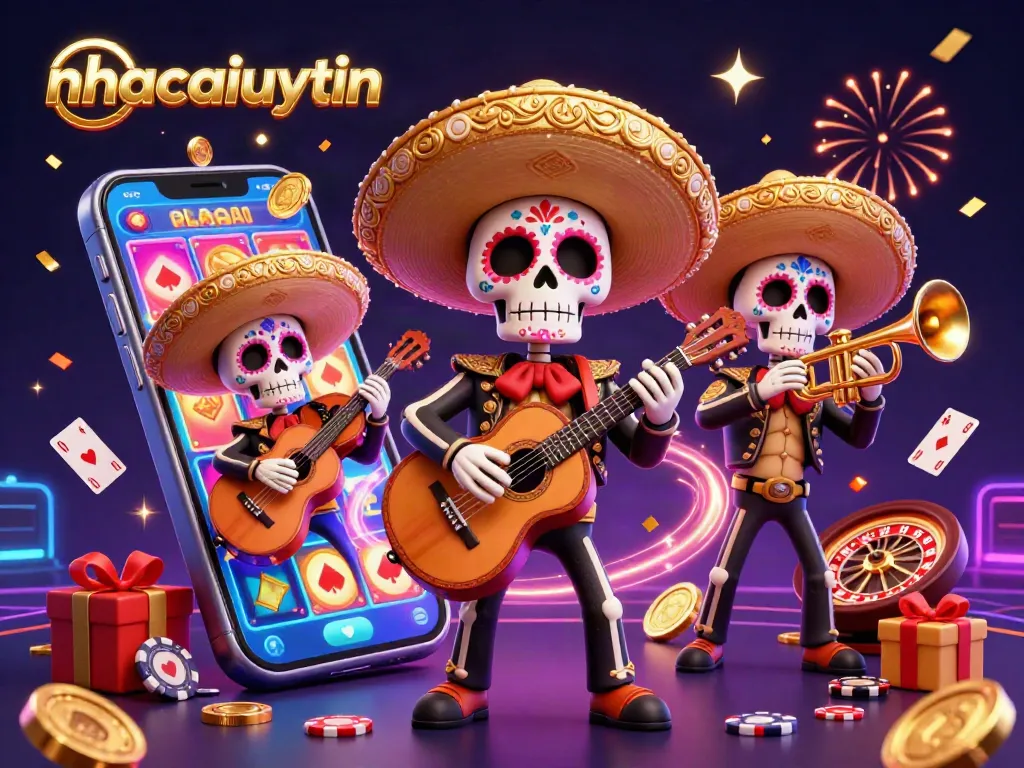 Spin and win at nhacaiuytin with thrilling 3D skeleton mariachi casino characters amidst dynamic gameplay.