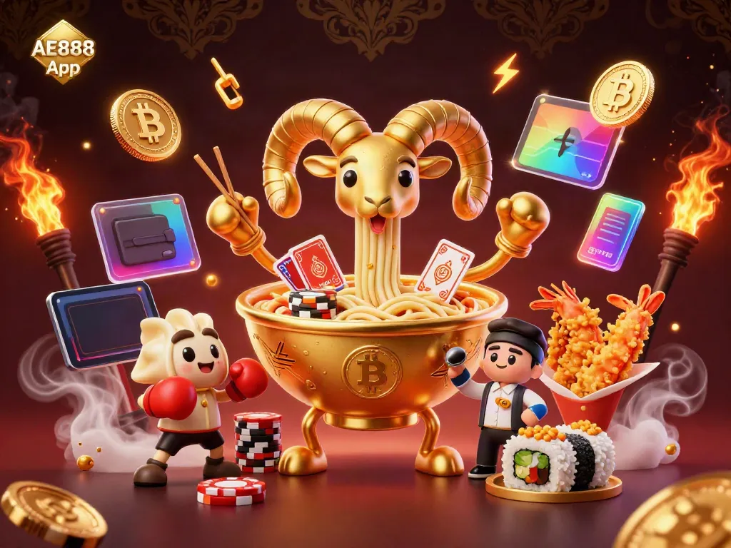 Experience the thrill of the AE888 App as the golden ramen bowl character stacks chips and deals cards.