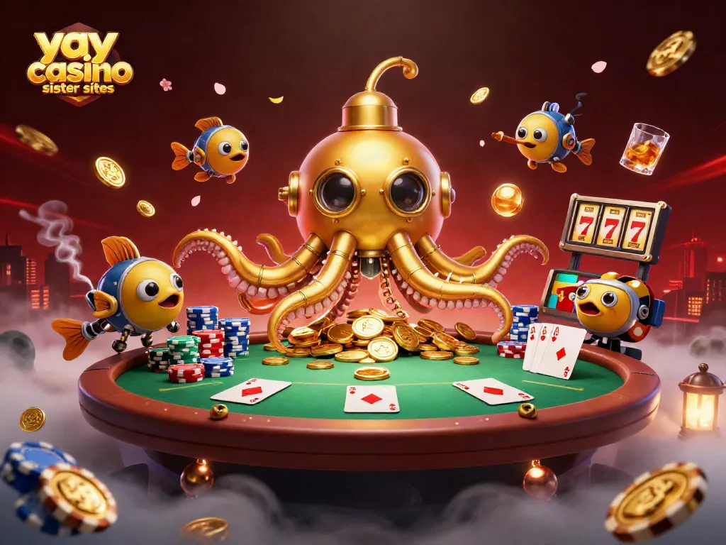 Experience excitement at yay casino sister sites with an illustrated scene of a golden kraken submarine among poker and slot elements.