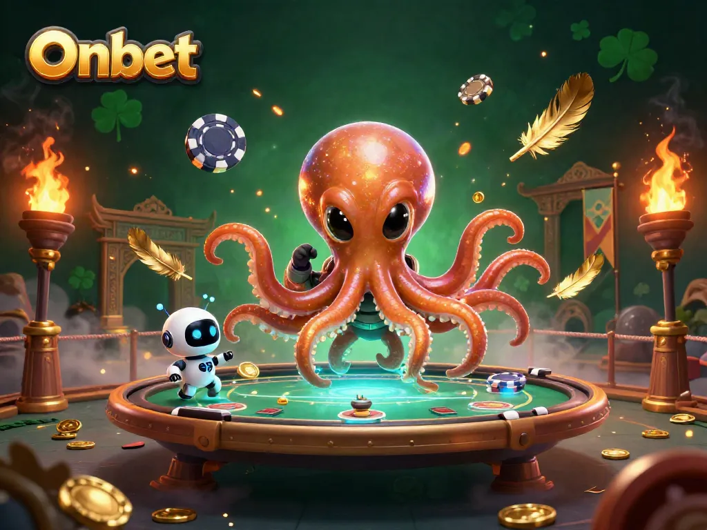 Engage in exciting poker games with Onbet featuring an alien octopus dealing cards amidst a cosmic backdrop.