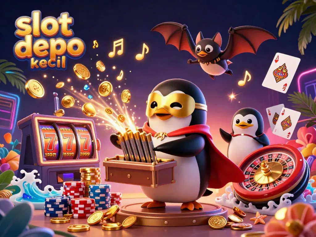Engage with slot depo kecil as a 3D phantom penguin character plays an organ shooting coins amidst colorful casino elements.
