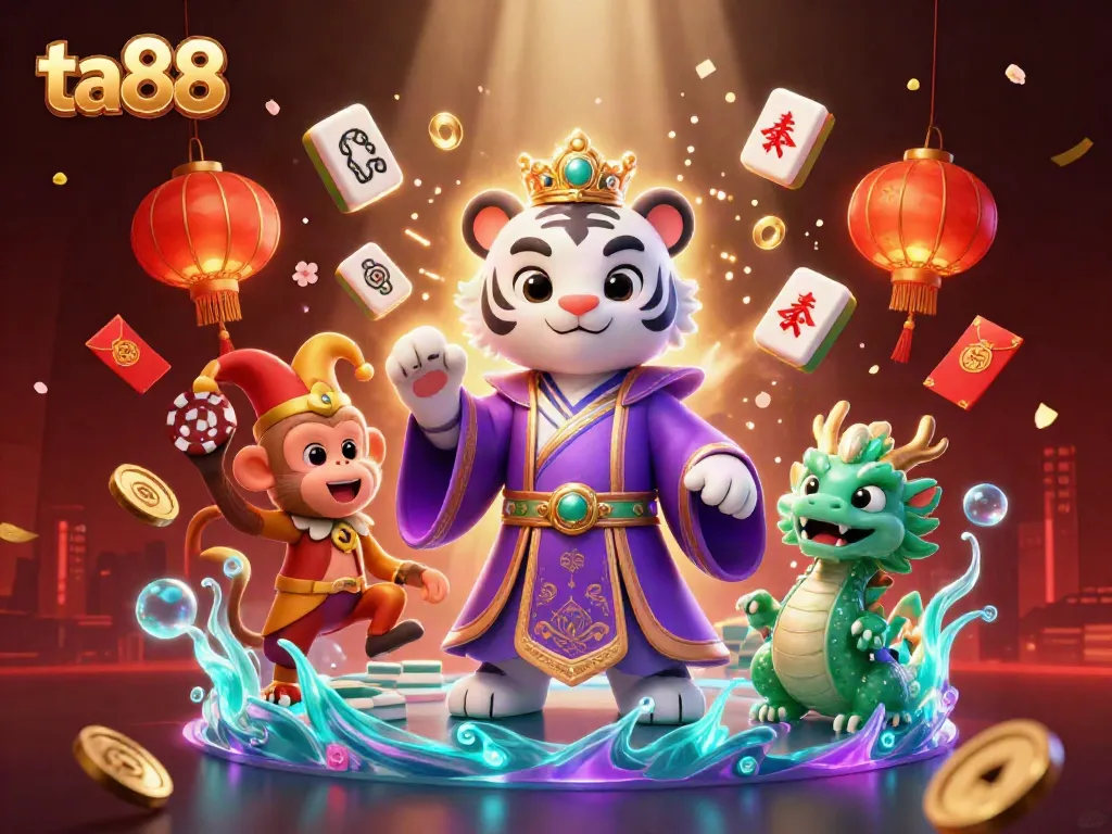 Experience ta88 with a vibrant 3D casino scene featuring a royal tiger, joyful monkey, and enchanting dragon.