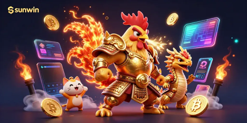 Engage with sunwin's dynamic gaming world featuring a rooster warrior, dragon, and fortune cat amidst vibrant crypto motifs.