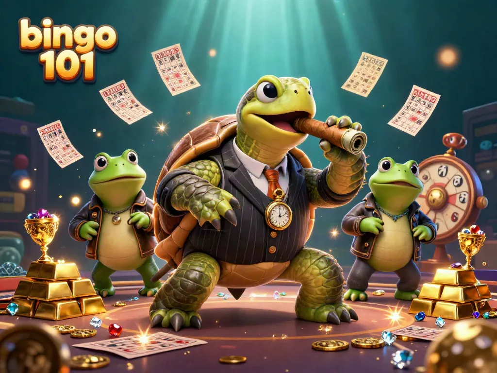 Mengambil bagian dengan bingo 101, ilustrasi permainan bingo dengan karakter kartun di kasino yang ceria.