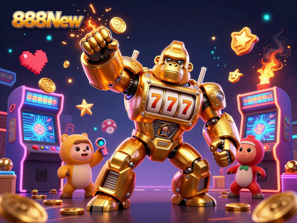 Experience excitement with 888New's animated golden gorilla mech, showcasing thrilling gaming elements.