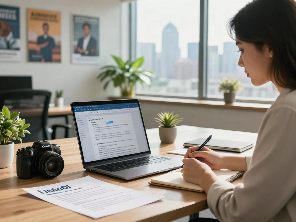 Job seeker browsing หางาน opportunities in a bright modern office environment.