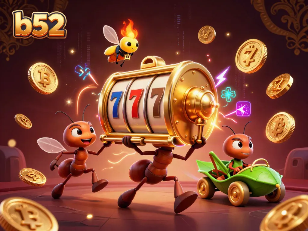 B52 casino ants carrying a giant slot machine lever through a tunnel, showcasing a vibrant gaming environment.