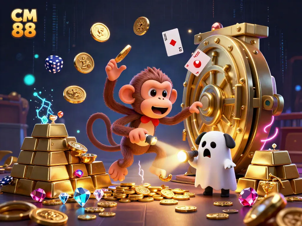 Experience excitement with CM 88 as the playful monkey juggles winnings in a haunted casino setting.