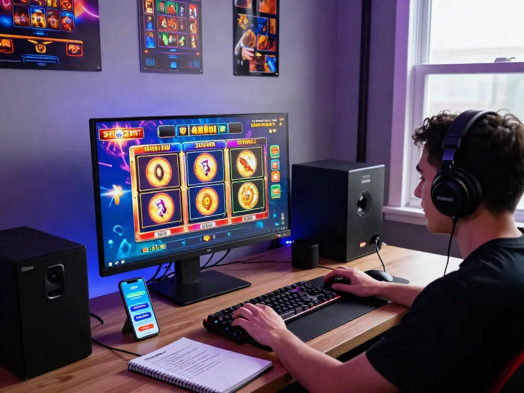 Online gaming enthusiast experiencing slot gacor hari ini with vibrant graphics and gaming setup.