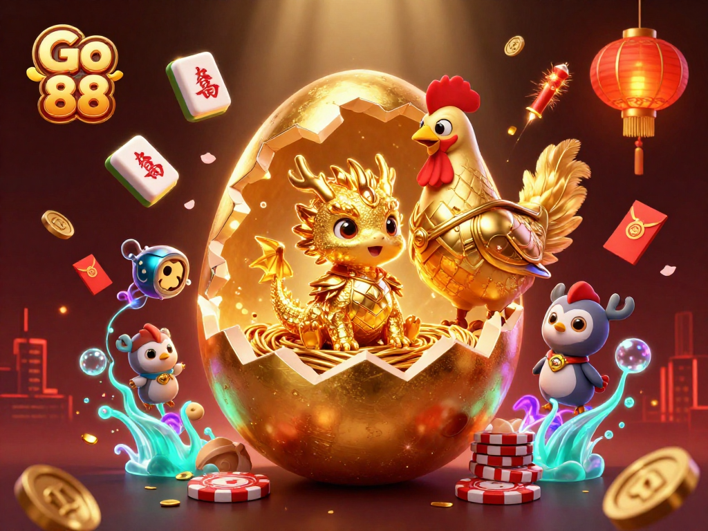 Engage with Go 88's vibrant casino universe as a golden dragon emerges from a poker chip nest!